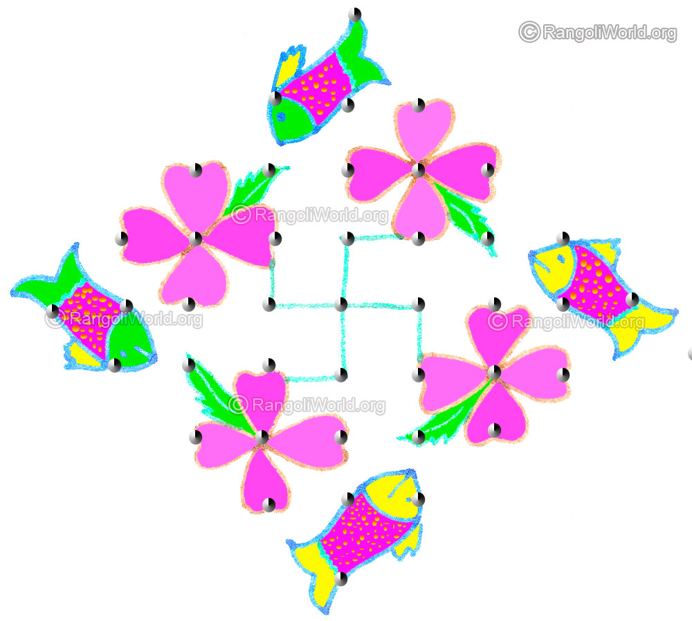 Fish and flowers kolam april24 2015 with dots