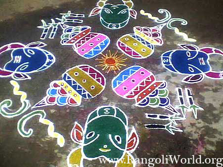 freehand rangoli with cow and pongal pot