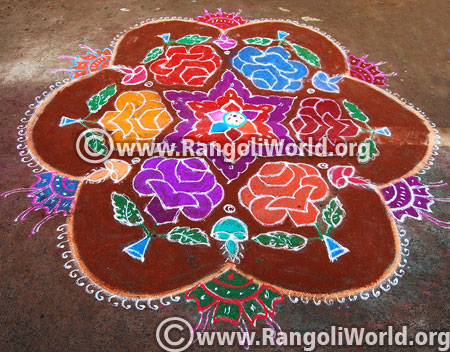 Big rose deepam pooja rangoli kolam for ganesh chaturthi 2015