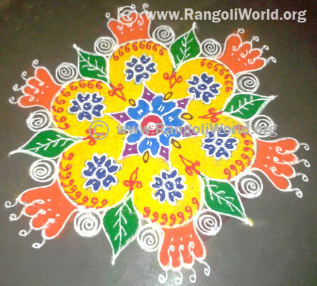 Simple freehand rangoli with flowers and leaf