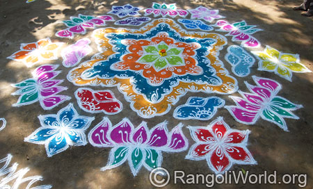 Double strokes lotus flower kolam with dots mar