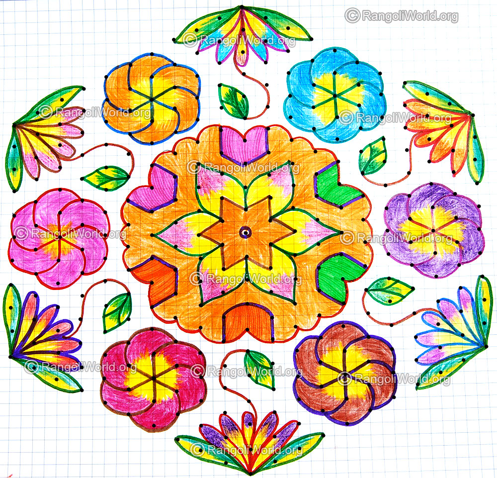 Colorful swastik flower star kolam with dots
