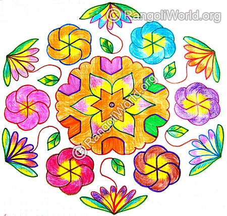 Colorful swastik flower star kolam