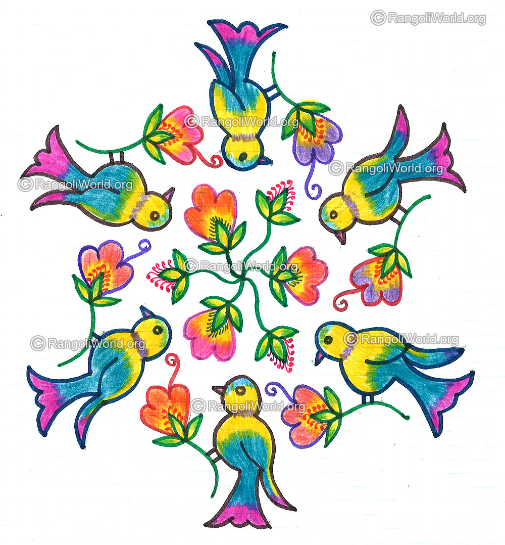 Birds on flowers kolam margazhi month dec jan 2016