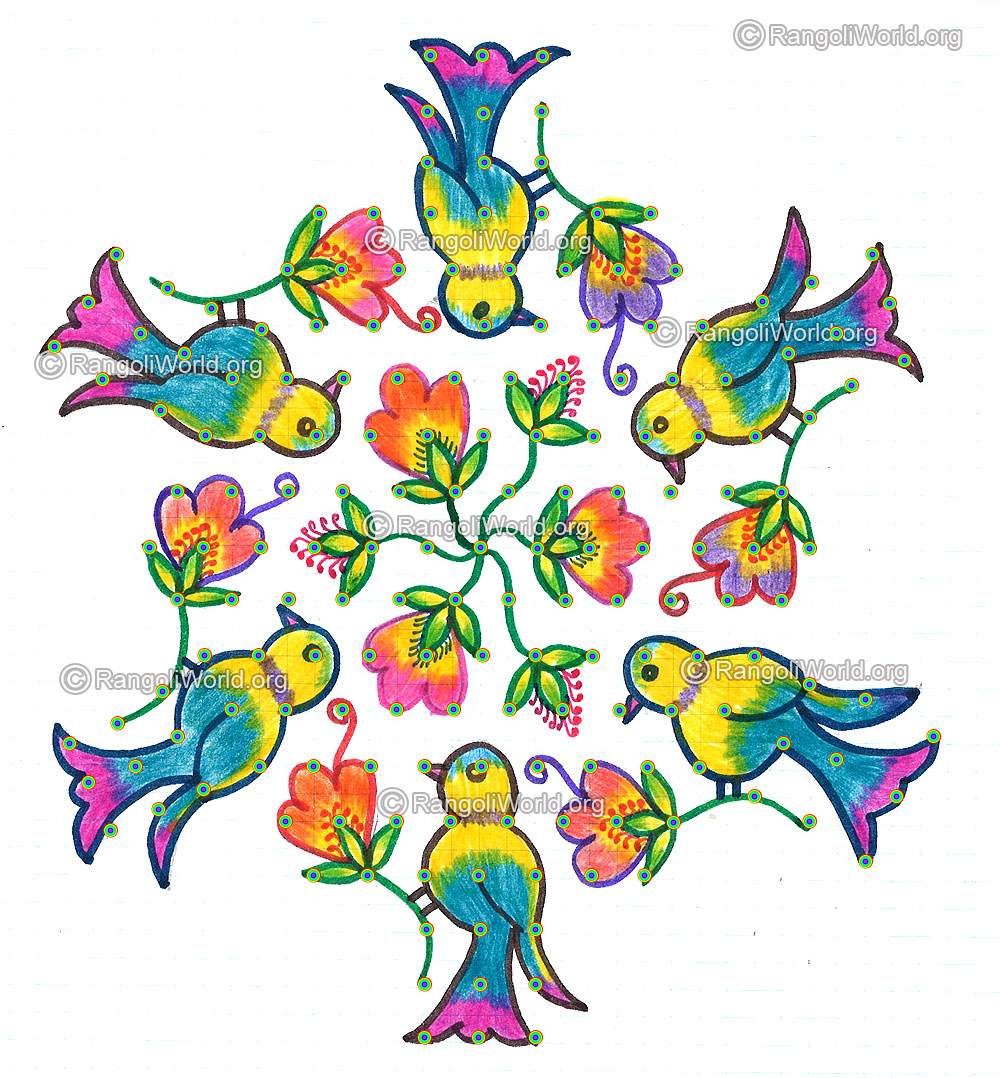 Birds on flowers kolam with 13 interlaced dots margazhi month dec jan 2016