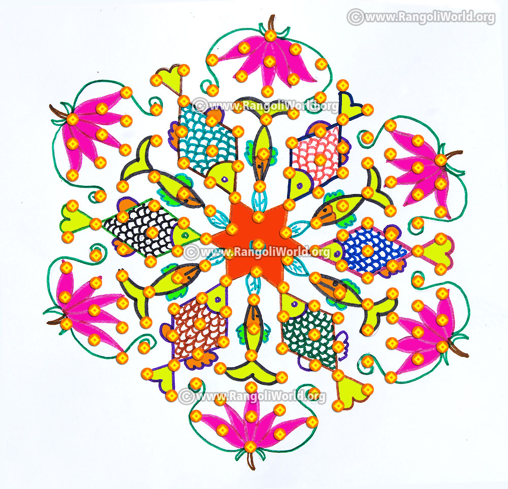 Lotus and fish kolam jan 2017 with 15 8 interlaced dots