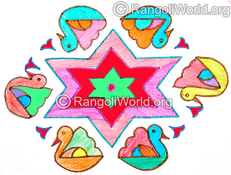 Duck and stars kolam with 15 to 8 interlaced dots jan 2016