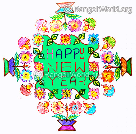 Happy new year kolam with flowers and lamps