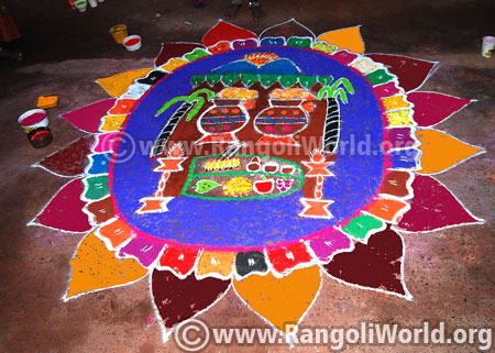 Colourful pongal pot rangoli 2016 latest design