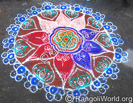 Freehand Rangoli with flowers and lotus