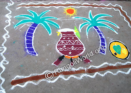 Pongal Rangoli in woods stove with thampulam plate