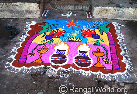 Pongal theme Rangoli with kuthuvilaku