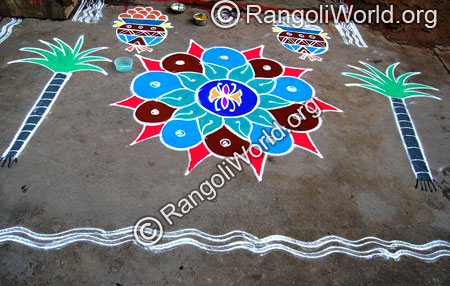 Simple flower and pongal pot freehand rangoli