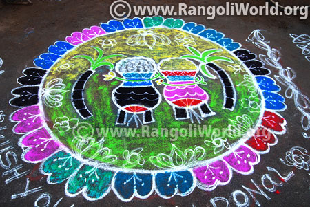 Twin pongal pot freehand rangoli design 2017
