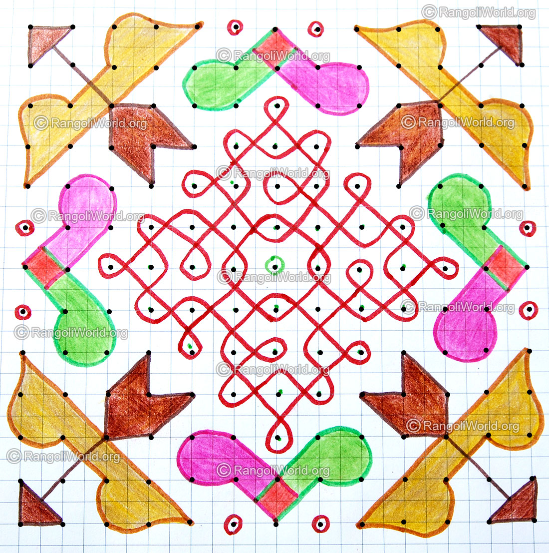 Bow arrow sikku kolam with dots