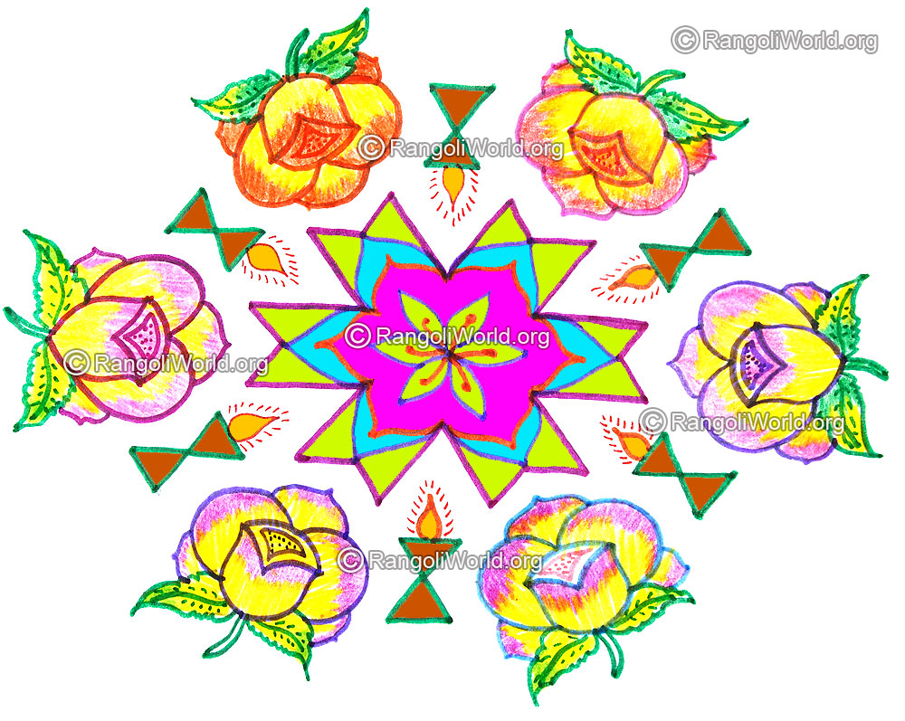 Rose flower karthigai deepam kolam april14 2015