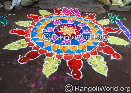 Lotus birds leaf freehand rangoli aug2014