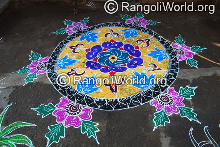 Pink flower freehand rangoli aug2014