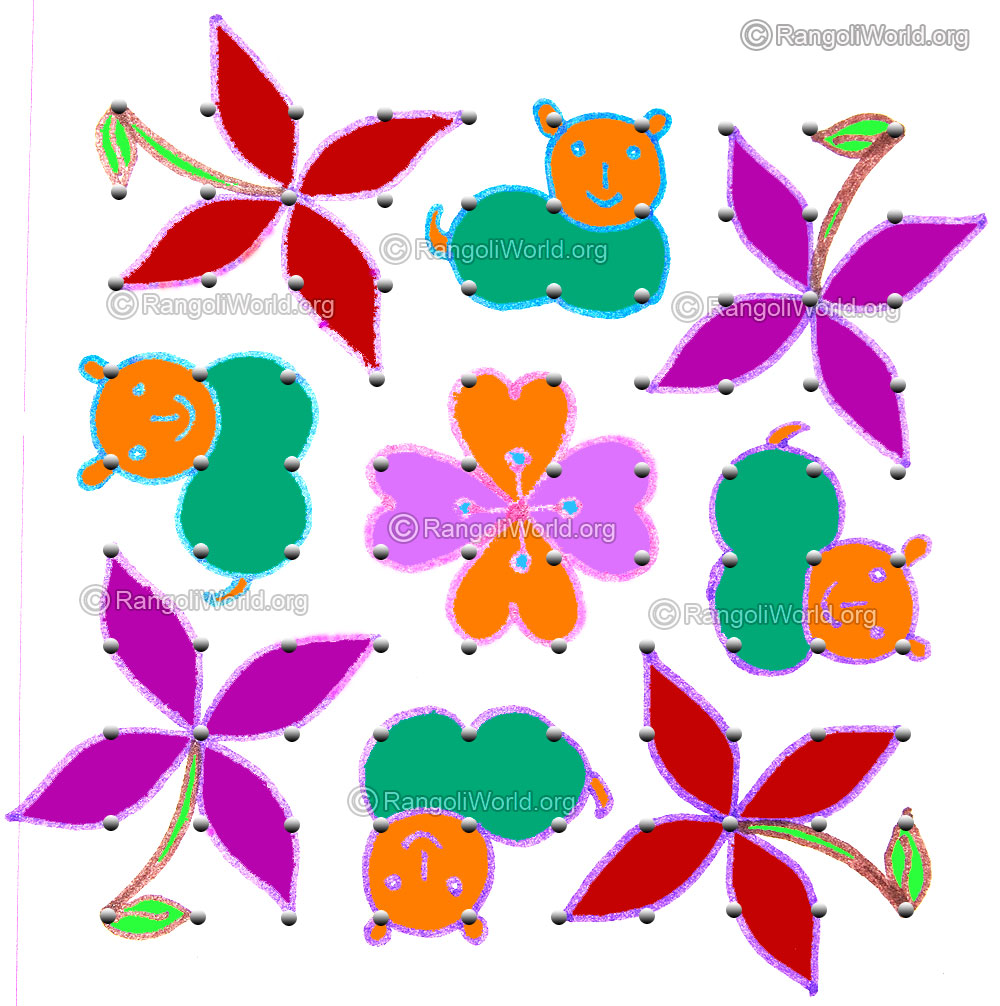 Flower with puppy cat kolam may1 2015 with dots