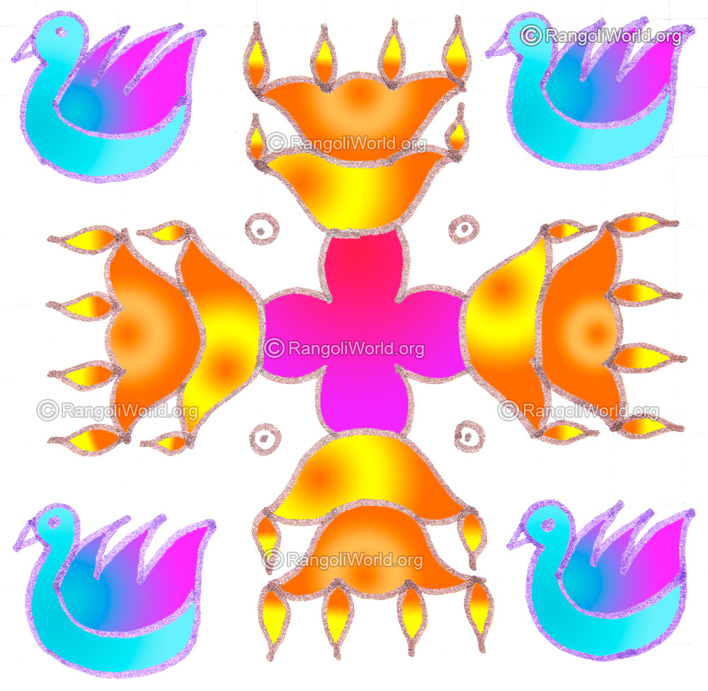 Kuthu vilakku lamp and swan bird kolam may1 2015