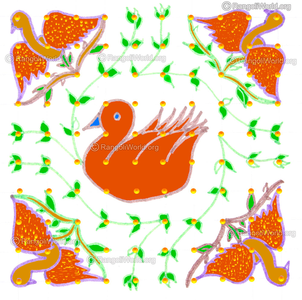 Seasonal birds on tree and swan kolam may1 2015 with dots