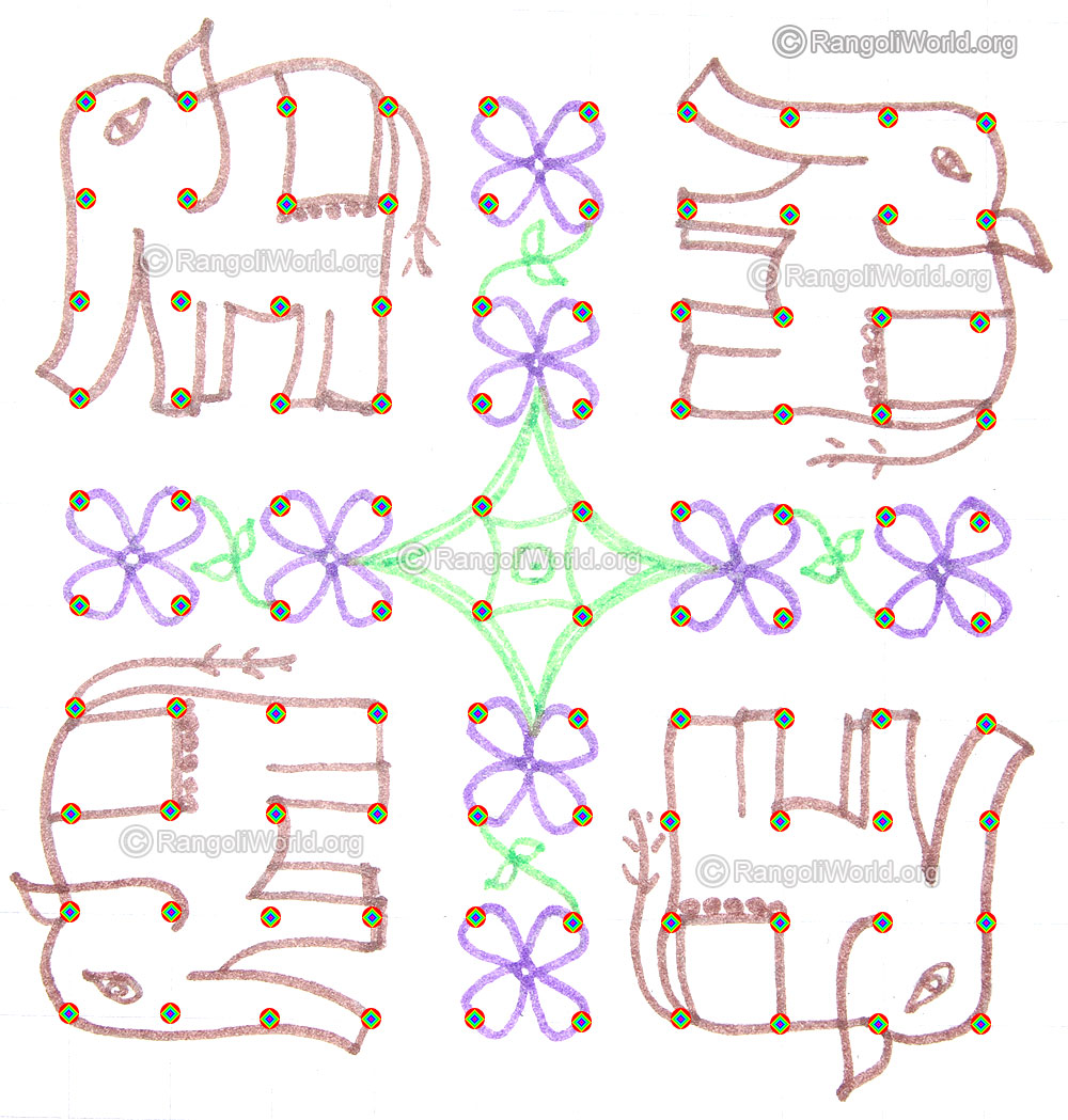 Simple elephant and flower kolam pencil outline may1 2015