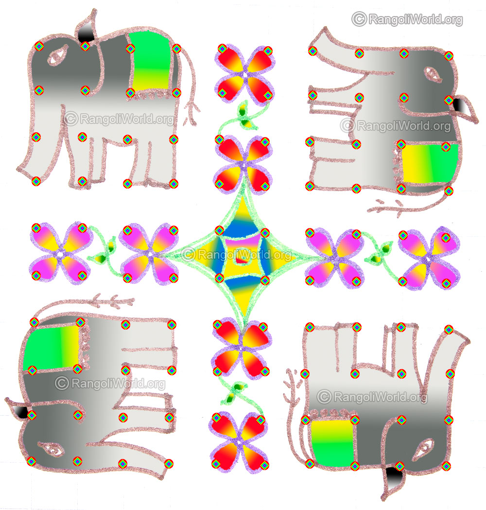 Simple elephant and flower kolam may1 2015 with dots