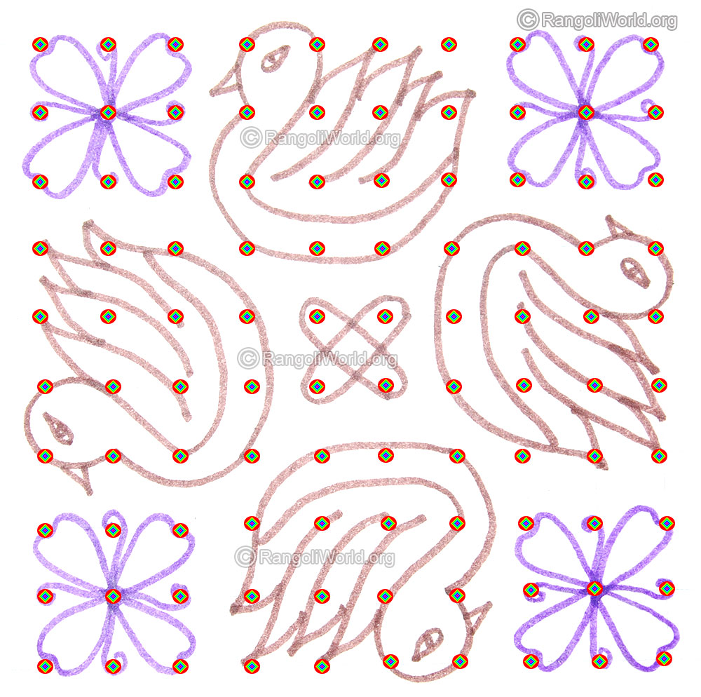 Swan bird and flower kolam may1 2015 with dots & pencil outline