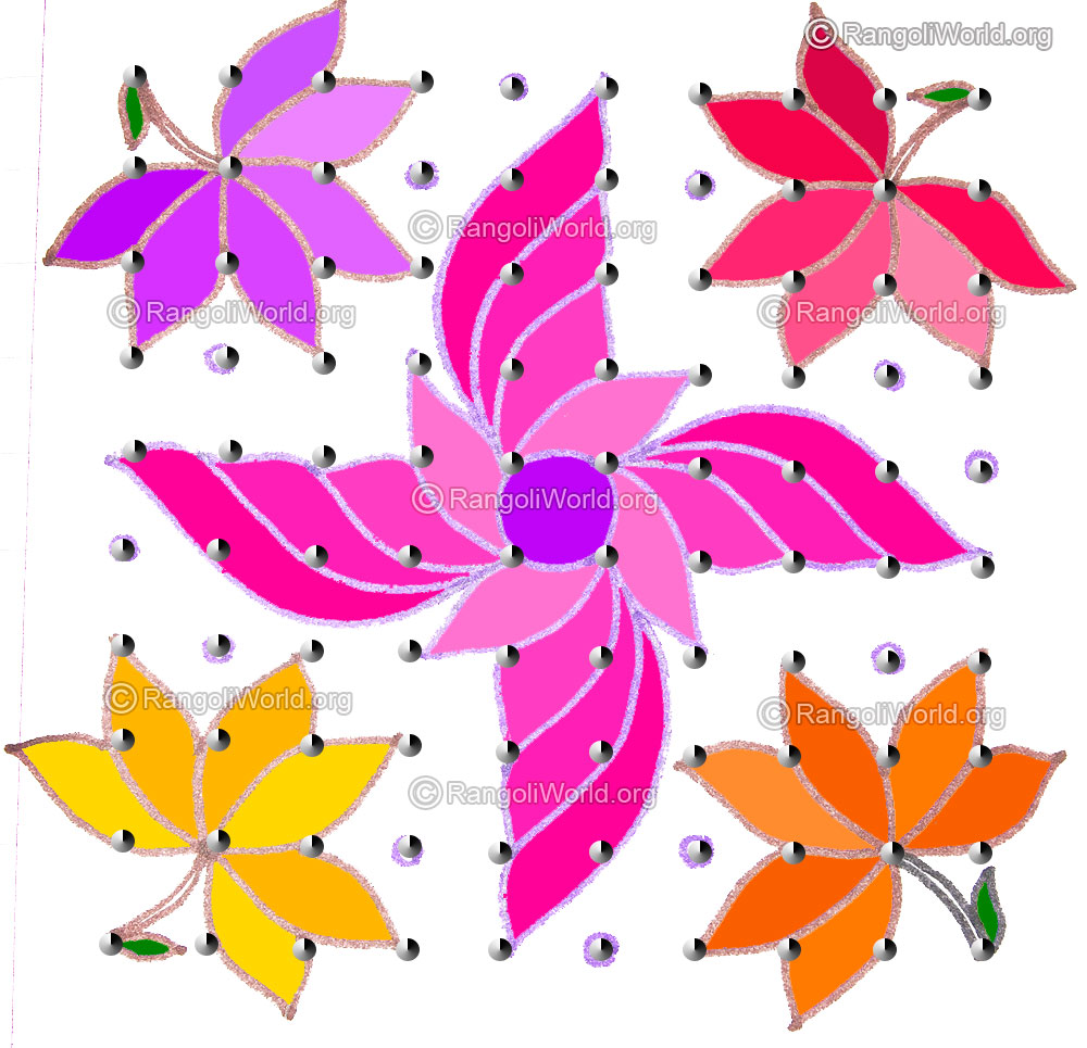 Swastik pink flowers kolam may1 2015 with dots