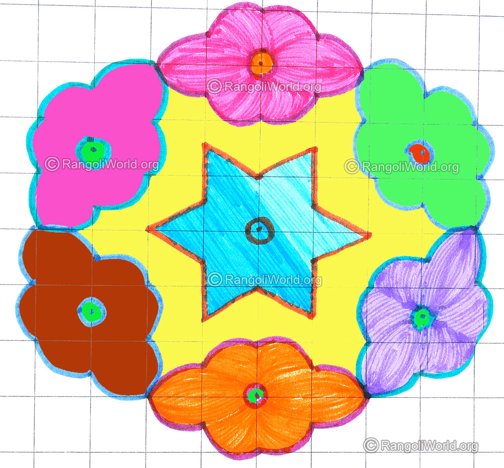 9 pulli star & flowers kolam april24 2015