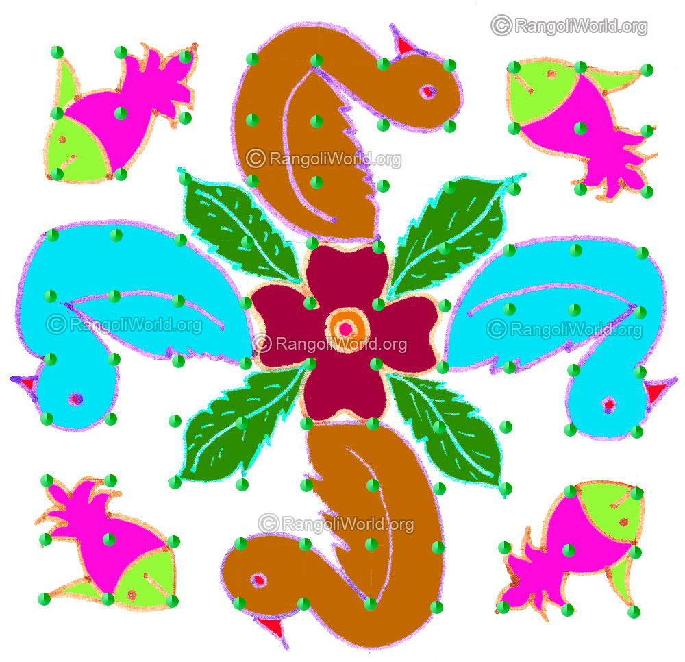 Duck flowers and fish kolam april24 2015 with dots