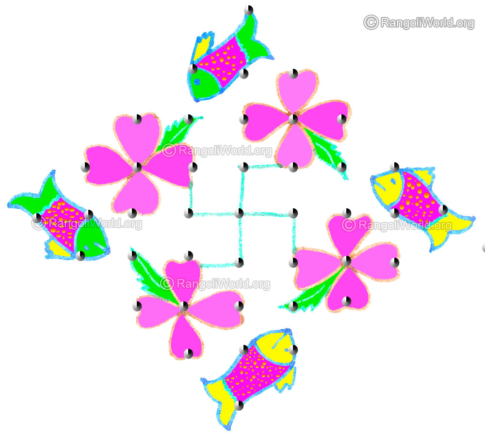 Fish and flowers kolam april24 2015 with dots
