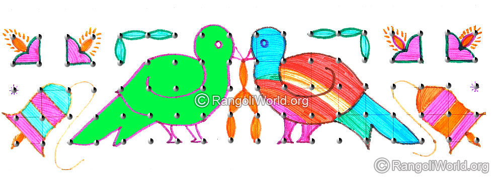 Love birds and temple bell vilakku kolam with dots