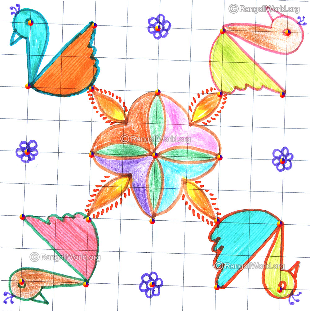 Simple bird and karthigai deepam kolam with dots