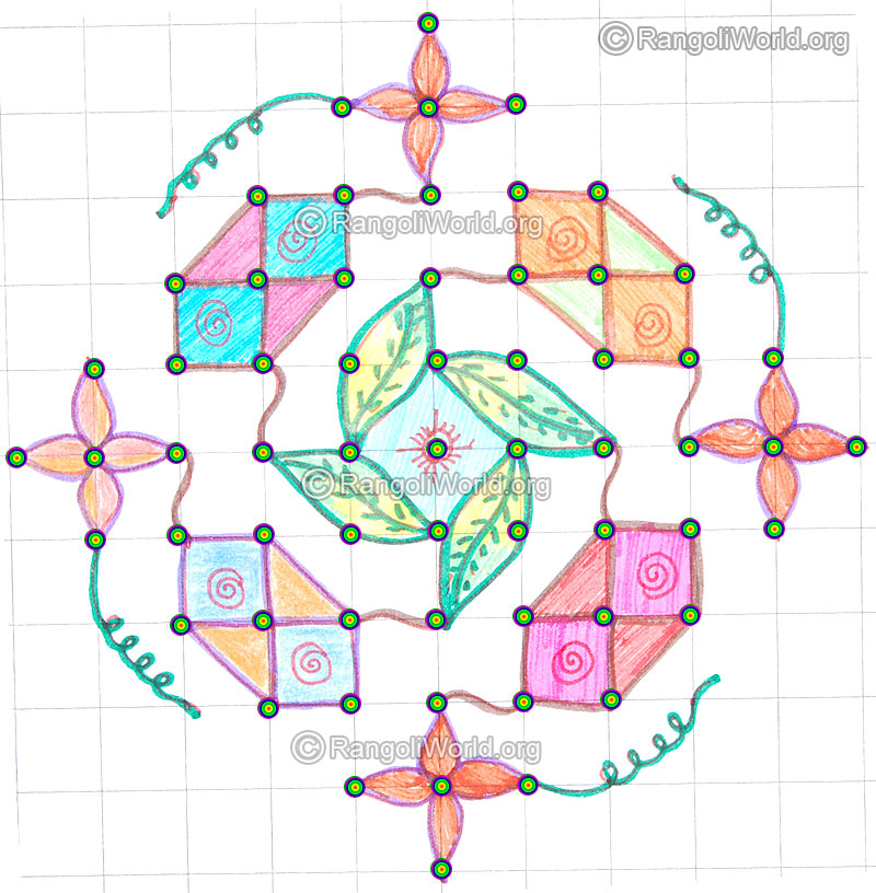 Swastik flower leaf kolam may8 2015 with dots