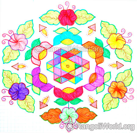Beautiful rose & vilakku kolam oct diwali 2014