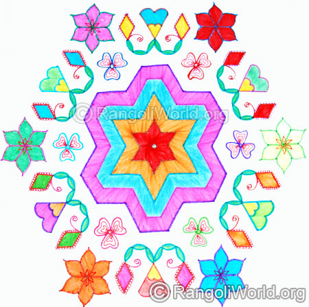 Flower, star & diamond kolam diwali 2014