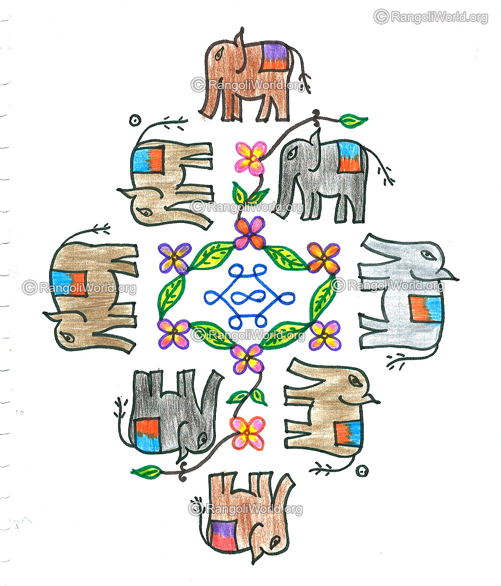 Elephant and flowers kolam nov 2015