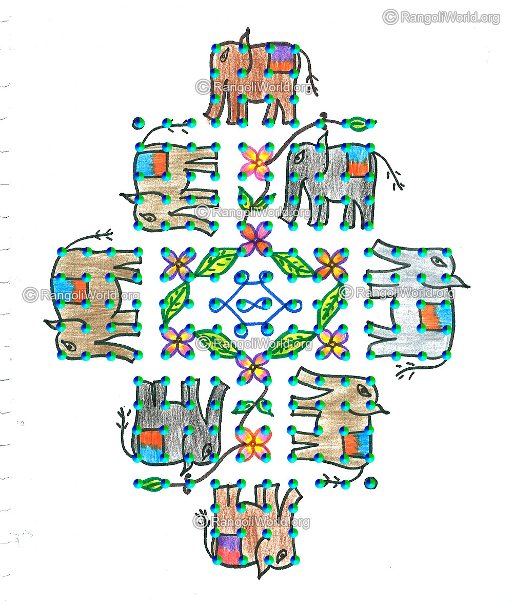 Elephant and flowers kolam nov 2015 with dots