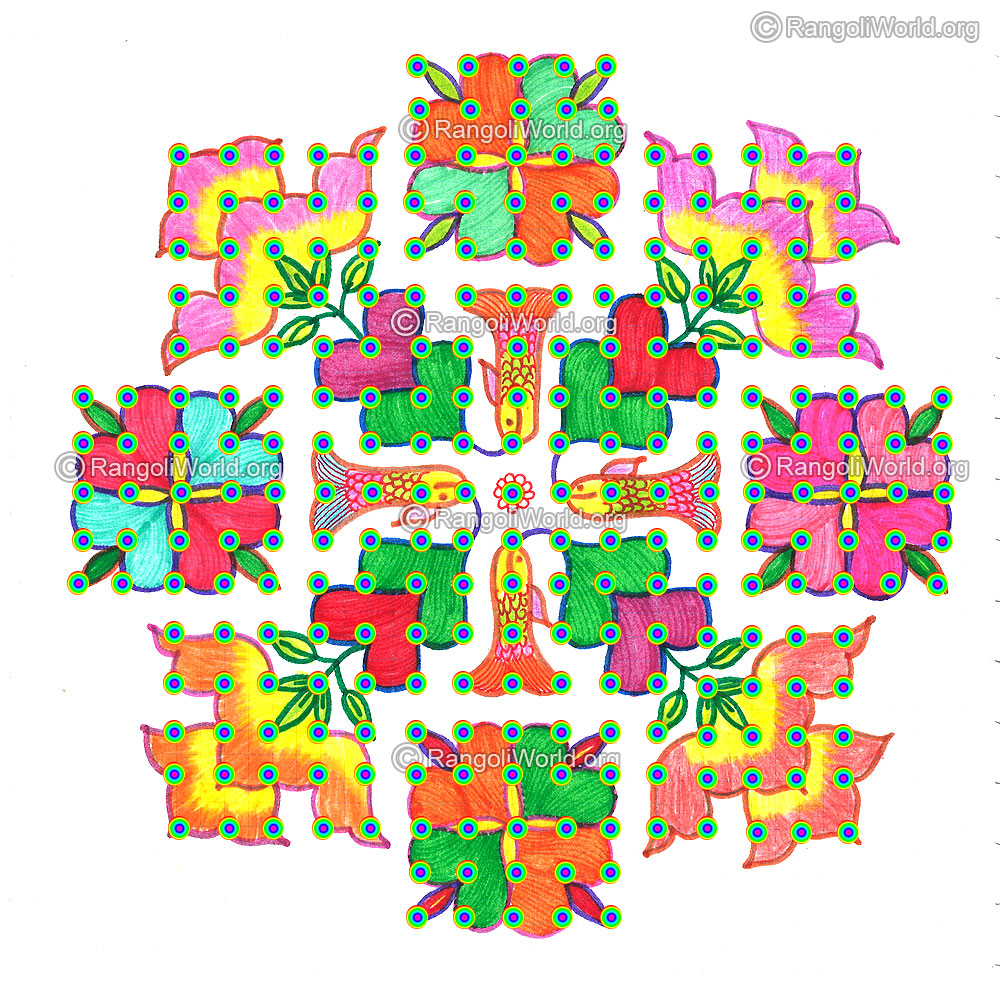 Fish flowers kolam nov 2015 with dots