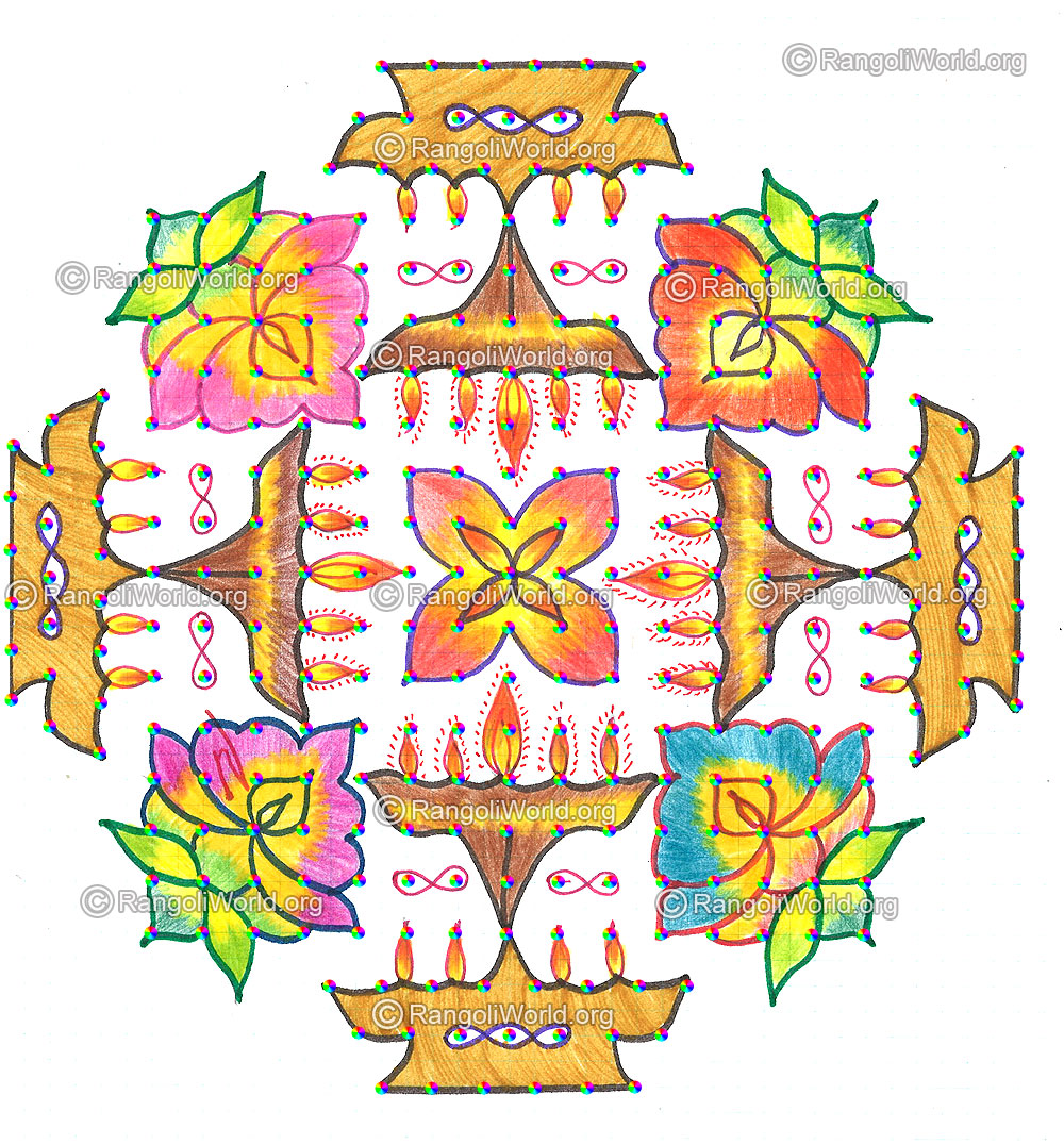 Kuthu vilakku lamp and flowers kolam nov 2015 with dots