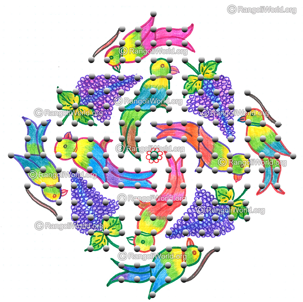 Parrot and grapes kolam with dots nov 2015