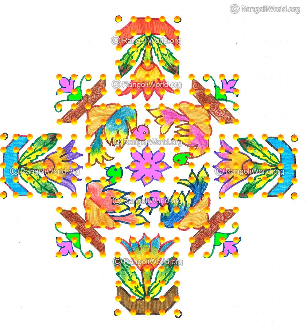 Swan bird and flowers plants kolam nov 2015 with dots