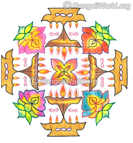 Kuthu vilakku lamp and flowers kolam