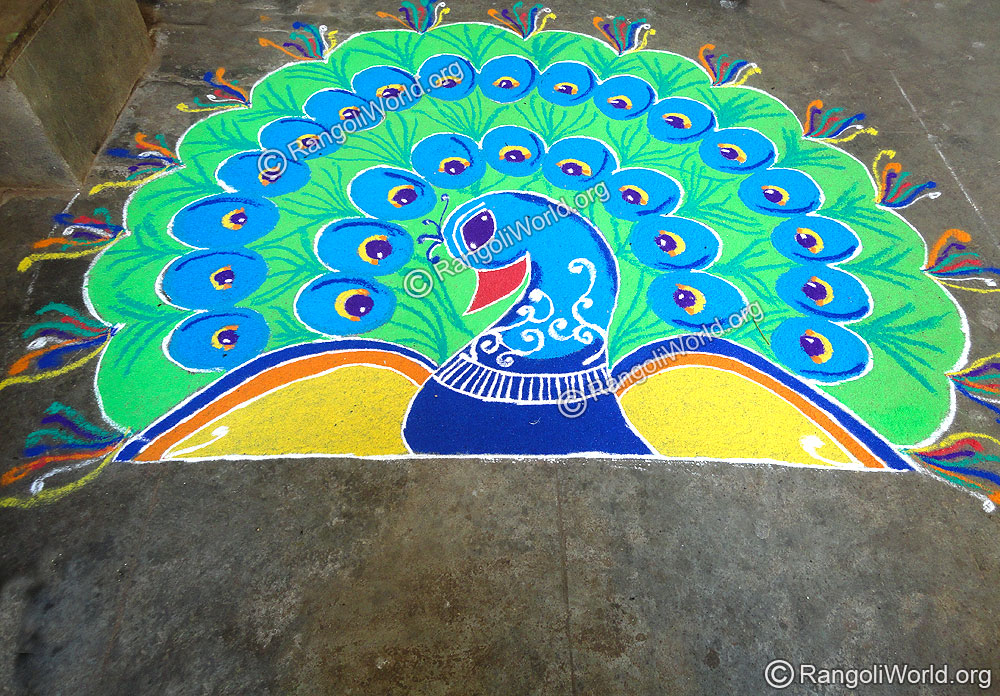 Peacock Rangoli Aug 2009 With sea green and blue color theme
