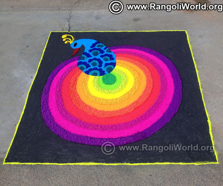 Rainbow peacock and feather rangoli design 2019