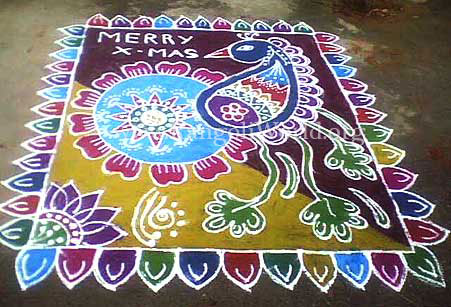 freehand rangoli with peacock on carpet theme