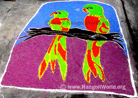 two parrots in tree Freehand Rangoli