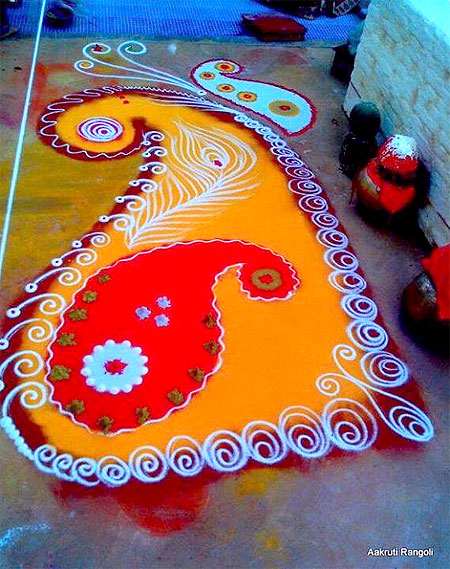 Simple colorful mango design freehand rangoli for holi 2015