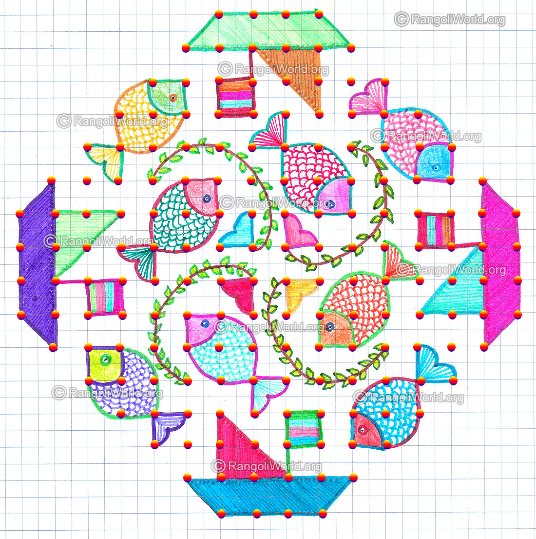 Fish ship kolam with dots